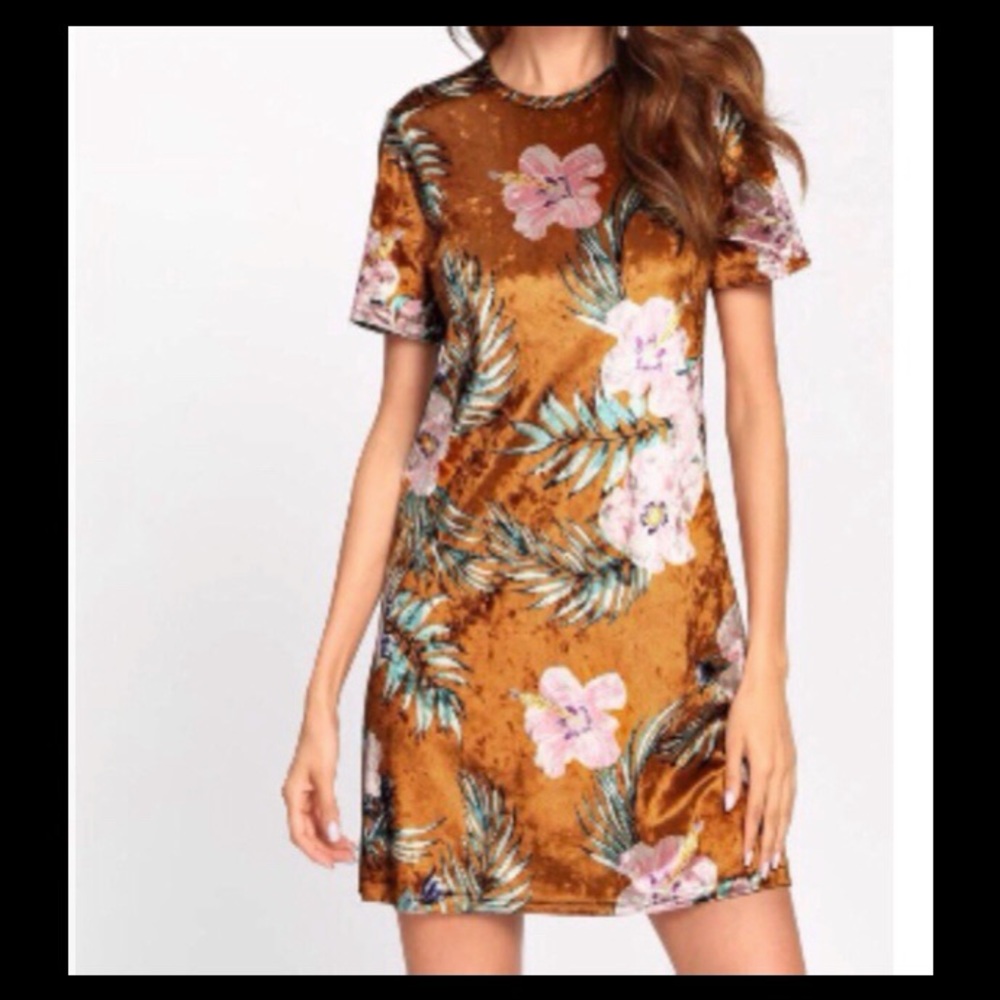 Gold Crushed Velvet Floral Mini Shift Dress Size M